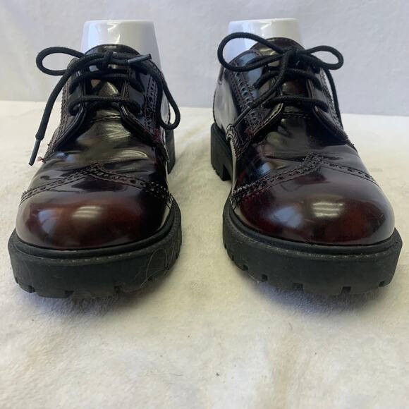 Divided Sz 6 Y2K Deep Red Maroon Chunky Derby Oxford Wide Heel Academia Shoes - Picture 5 of 10